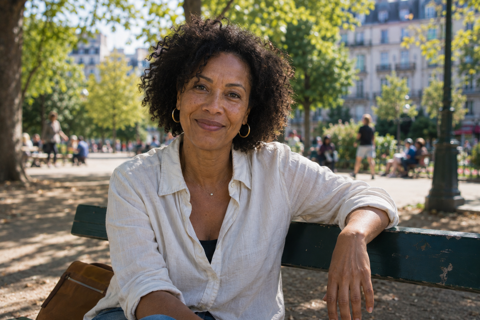 Femme souriante dans un parc urbain — légèreté et présence