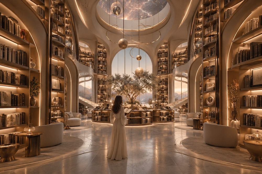Une femme dans une bibliothèque lumineuse aux courbes dorées