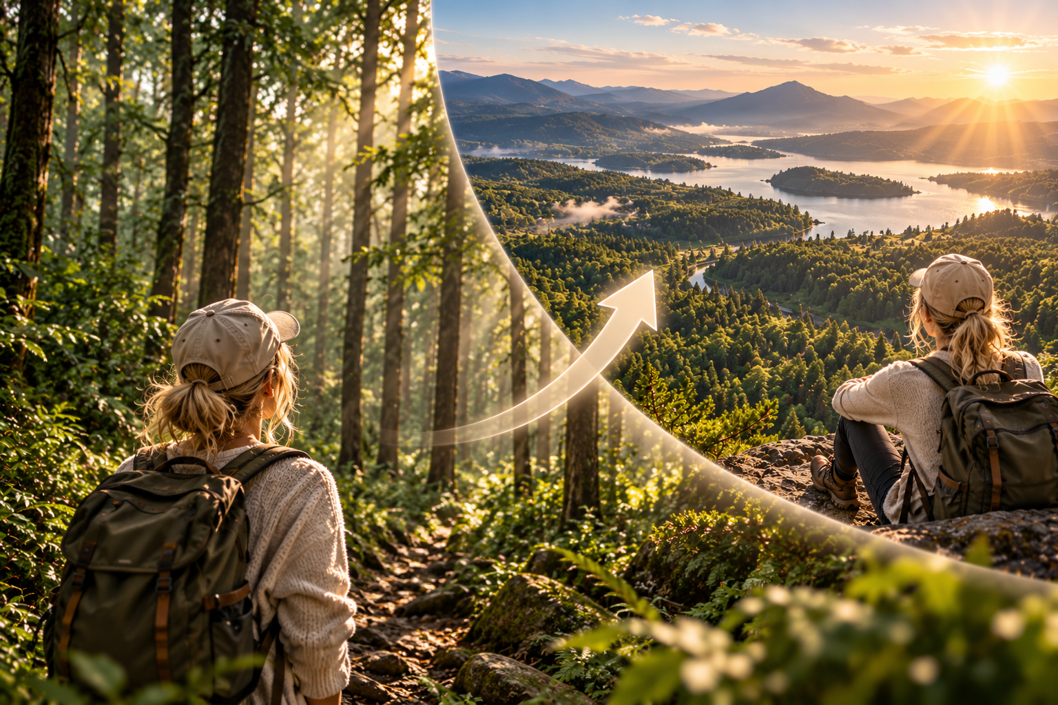 Une femme dans la forêt, puis la même femme assise en hauteur, face à un paysage ouvert au soleil levant