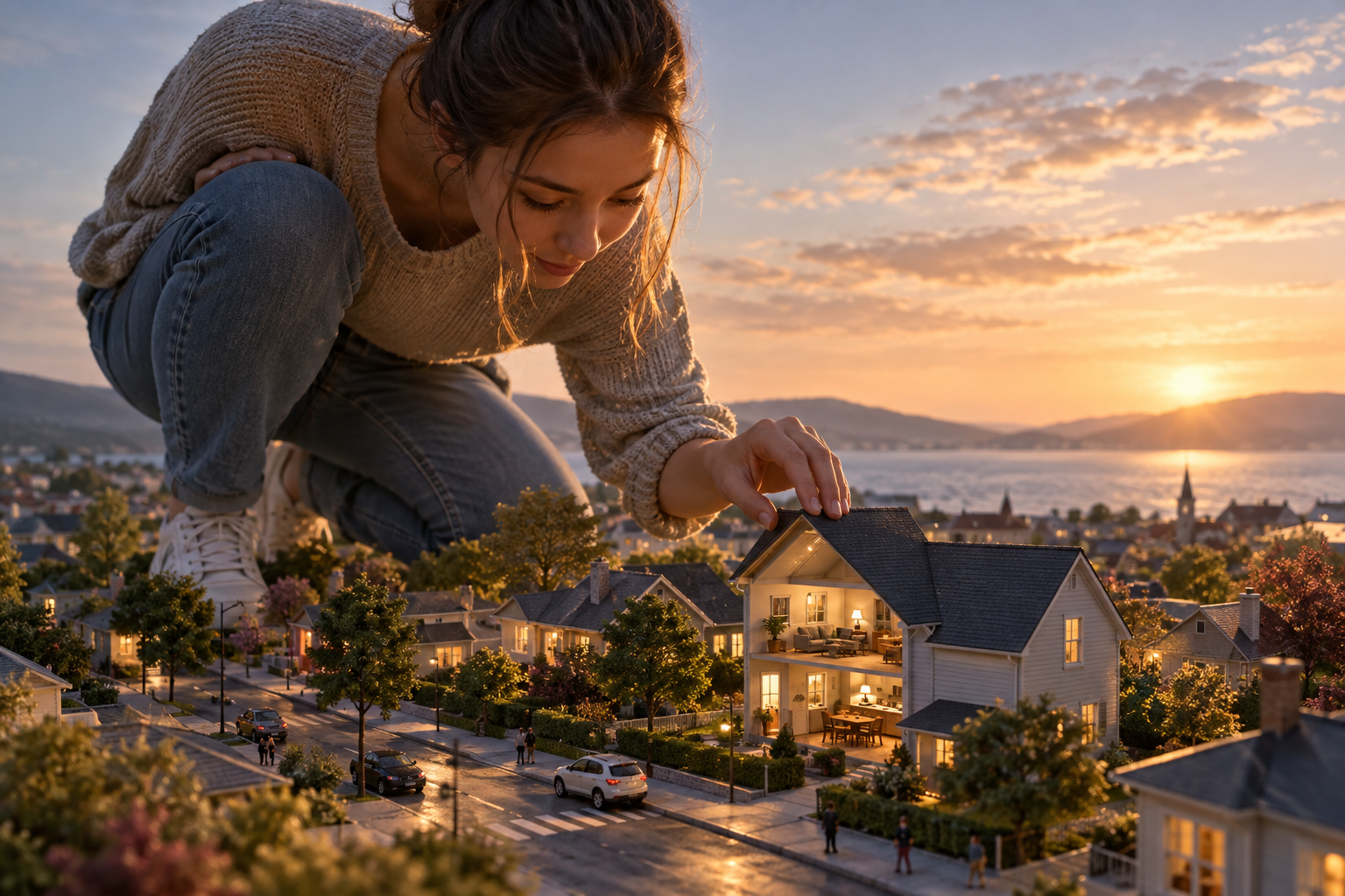 Une géante debout au-dessus d’un village miniature