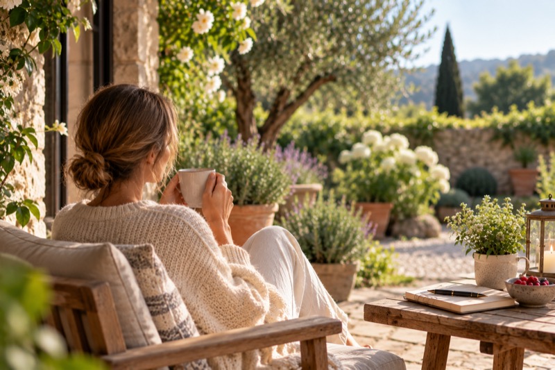 Une femme assise au jardin, sereine, avec une tasse de café