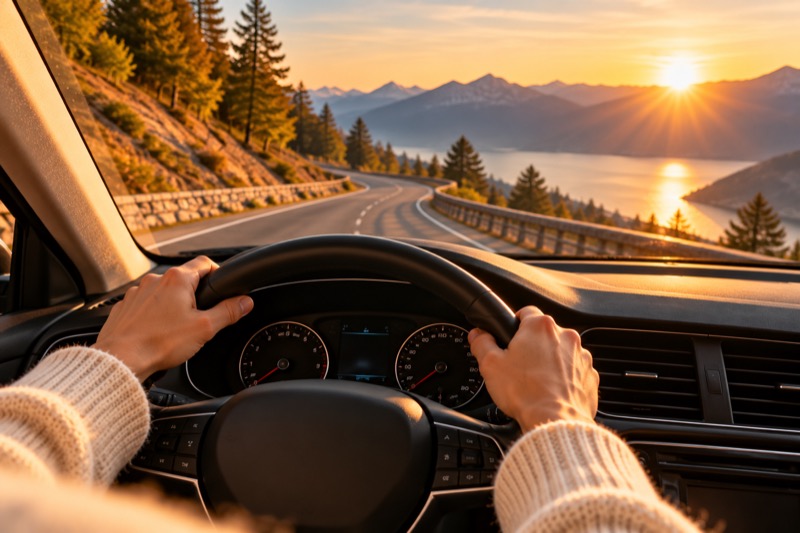 Une route panoramique qui tourne au coucher du soleil