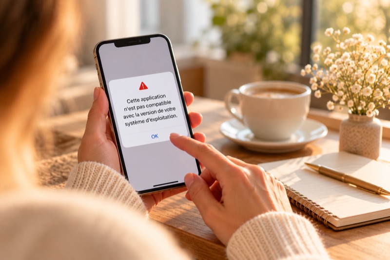 Un téléphone affichant le message : cette application n'est pas compatible avec la version de votre système d'exploitation